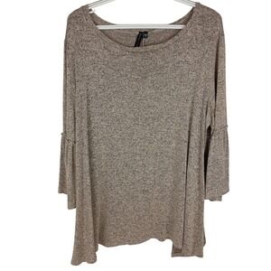 Obsession Womens 1X Heathered Tan Bell Sleeve Knit Top Scoop Neck Blouse Plus